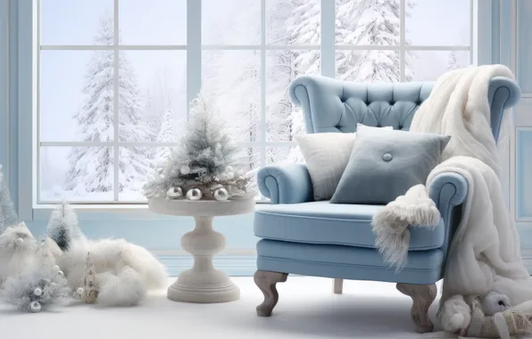 Winter, frost, snow, decoration, room, tree, interior, chair