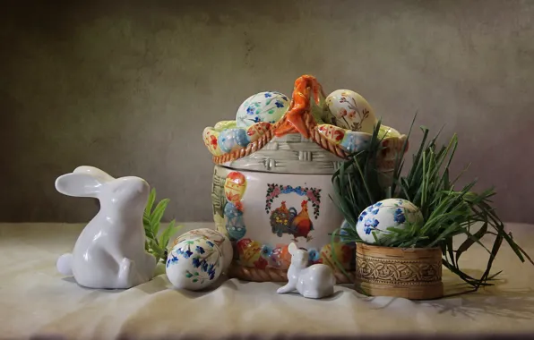Grass, holiday, eggs, Easter, rabbits, figures, composition, Kovaleva Svetlana