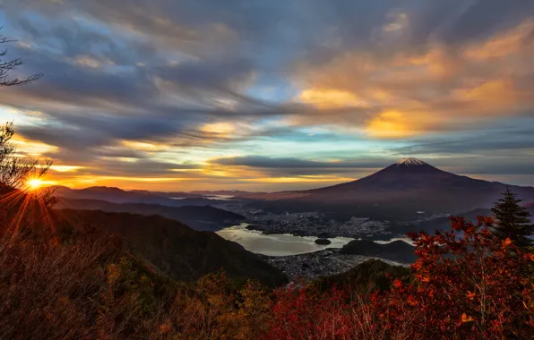 Autumn, the sky, the sun, clouds, rays, landscape, mountains, hills