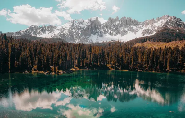 Forest, the sky, water, clouds, snow, mountains, lake, reflection