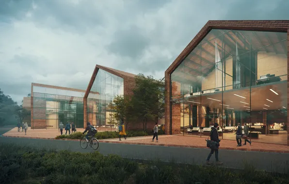 Road, people, structure, Laboratory Building, Two Seasons Lab