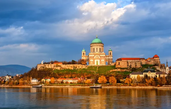 Autumn, the sky, clouds, trees, river, wall, shore, home