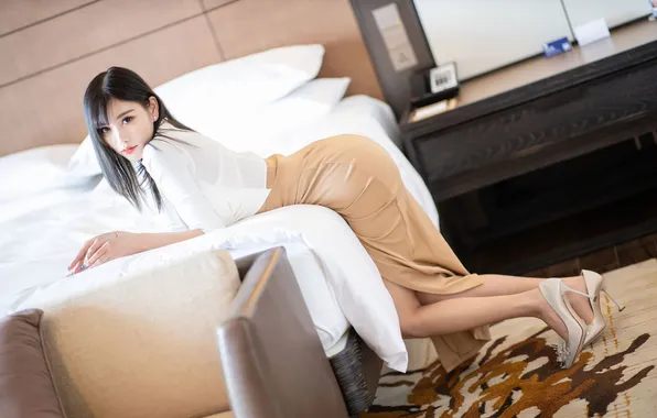 Look, pose, model, bed, studs, Asian, cutie, long hair
