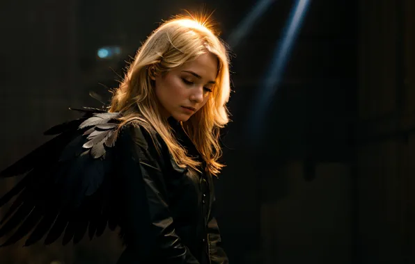 Girl, wings, dark angel, dark background, ray of light, black wings, ai art