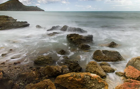 Sea, clouds, stones, shore, horizon, boulders, Aleksey Aleshin