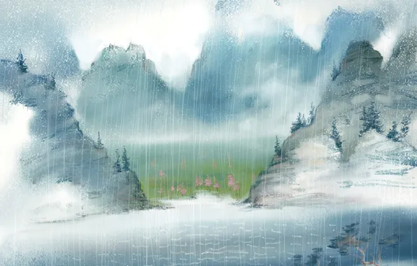 Mountains, river, rain, art, painted landscape