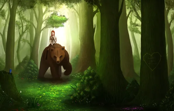 Picture Trees, Forest, Bear, Girl, Little girl, Brown bear