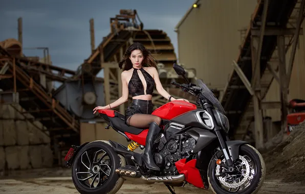 Look, girl, pose, shorts, boots, hands, motorcycle, Asian