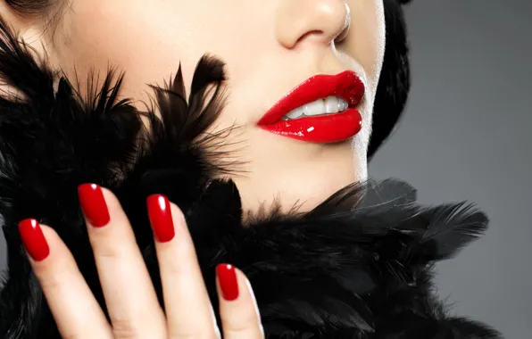 Picture girl, face, feathers, lipstick, lips