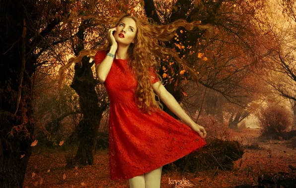 Autumn, leaves, girl, trees, face, hair, makeup, red dress