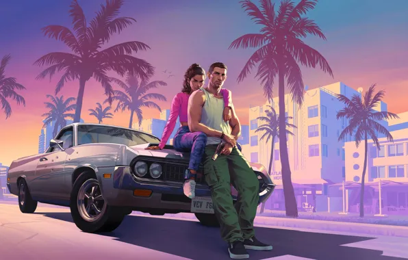 Picture Home, Girl, Jason, Palm trees, Two, Car, Male, Rockstar Games