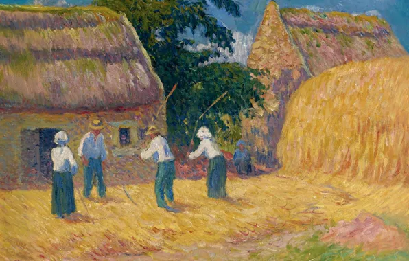 House, people, picture, stack, yard, genre, Henri Moret, Threshing grain