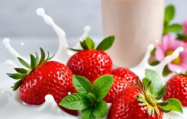 Glass, berries, splash, milk, strawberry, light background, mint, AI art