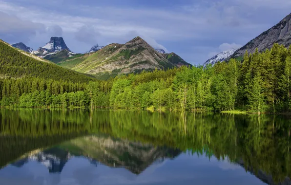 Picture the sky, clouds, trees, mountains, lake, reflection, Canada, Albert