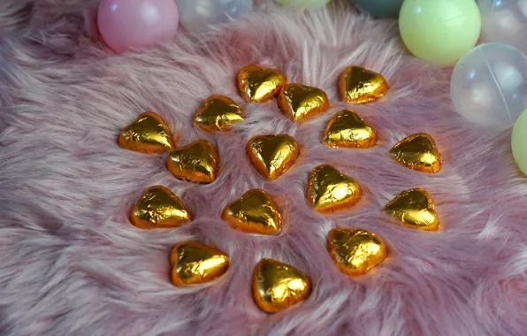 Balls, Shine, candy, hearts, fur, gold plated, chocolate, wrapper