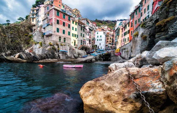 Sea, landscape, clouds, stones, rocks, home, boats, pier