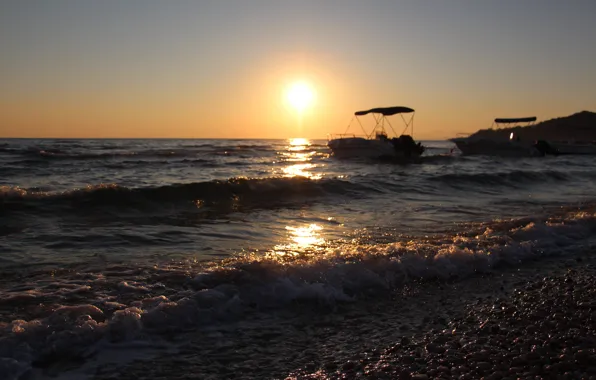 Sea, sunset, boats, Greece, Zakynthos, Alykes