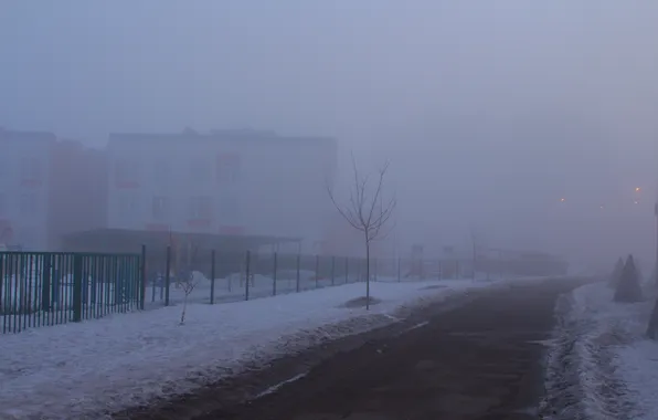 The sky, snow, fog, the building, spring, morning, Russia, twilight