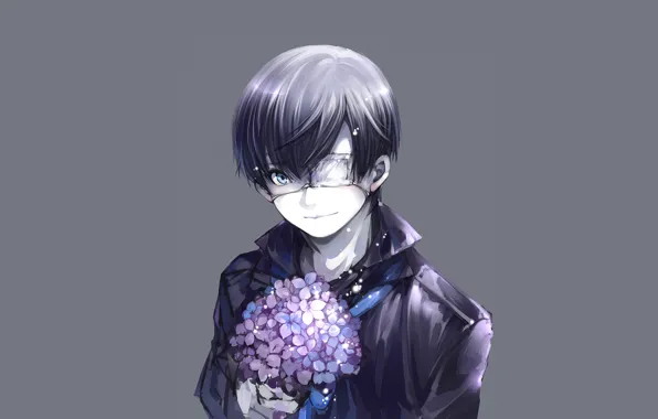 Smile, bouquet, headband, Guy, grey background