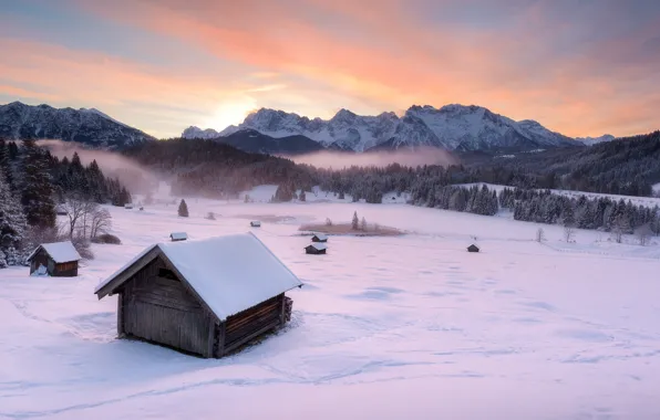 Winter, frost, field, forest, the sky, clouds, light, snow