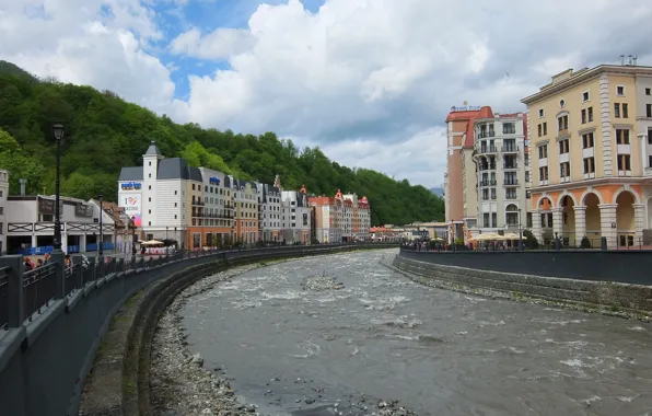 Picture mountains, river, glade, Rosa Khutor
