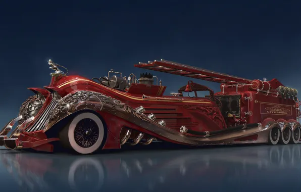 Reflection, car, firefighter, equipment, Steampunk car concept