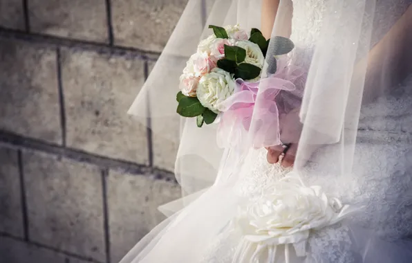 Bouquet, Dress, The bride, Wedding