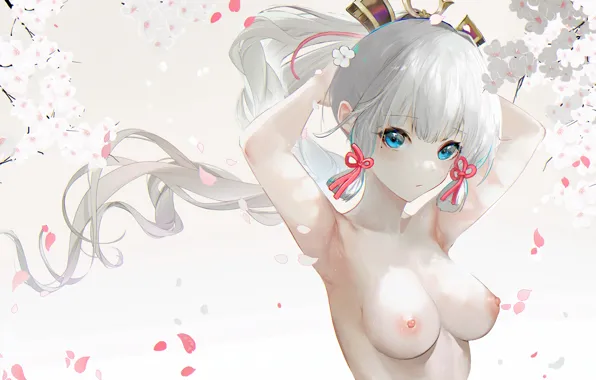 Girl, sexy, erect nipples, long hair, nipples, boobs, anime, flowers