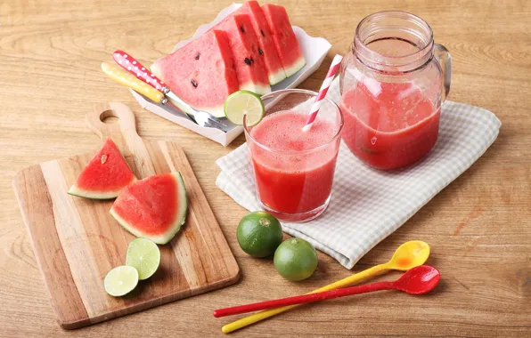 Glass, table, towel, watermelon, juice, mug, Bank, tube