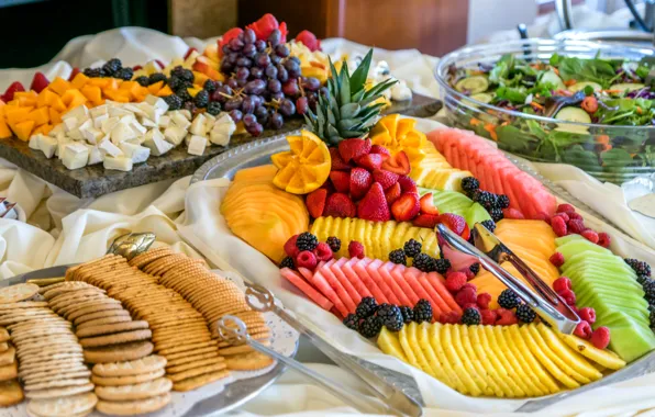 Picture berries, raspberry, watermelon, cheese, kiwi, strawberry, grapes, fruit, mango, pineapple, BlackBerry, salad, cuts, biscuits