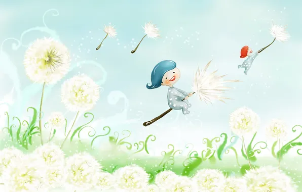 Flight, children, fantasy, dandelion, fuzzes