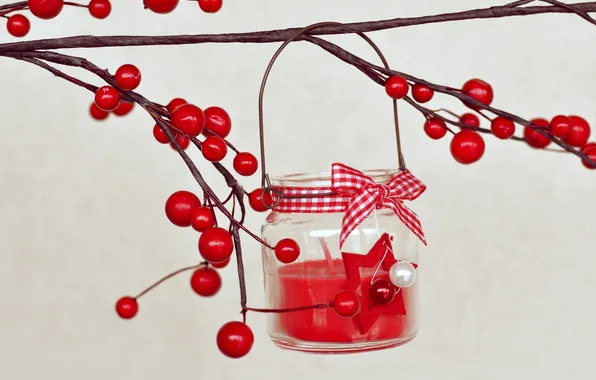 Picture berries, candle, branch, red, bow, Holly, Holly