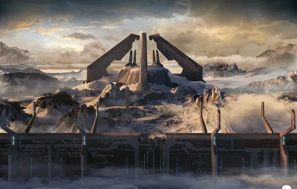 Clouds, mountains, construction, Library Exterior, Halo 2 Anniversary