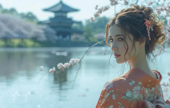 Look, girl, portrait, pagoda, kimono, Asian, pond, AI art
