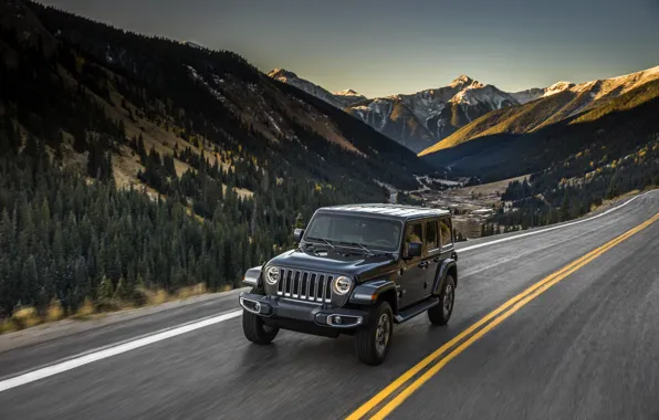 Picture asphalt, mountains, markup, 2018, Jeep, dark gray, Wrangler Sahara
