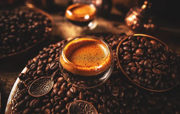 Glass, coffee, Cup, drink, coffee beans, spoon