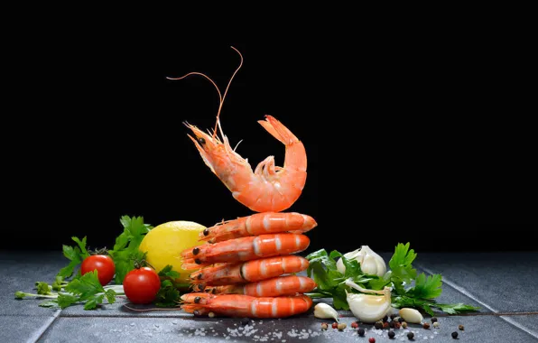 Greens, lemon, pepper, tomato, shrimp, seafood, salt