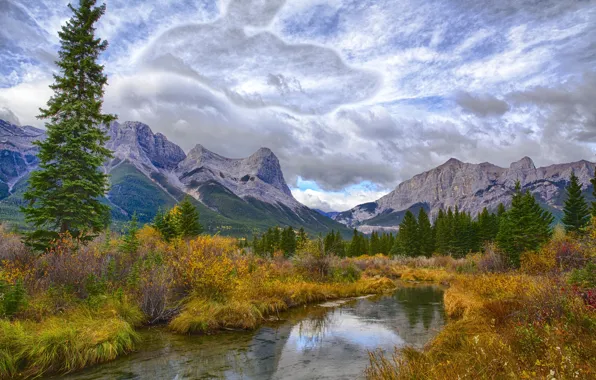 Picture autumn, forest, the sky, clouds, trees, mountains, lake, river