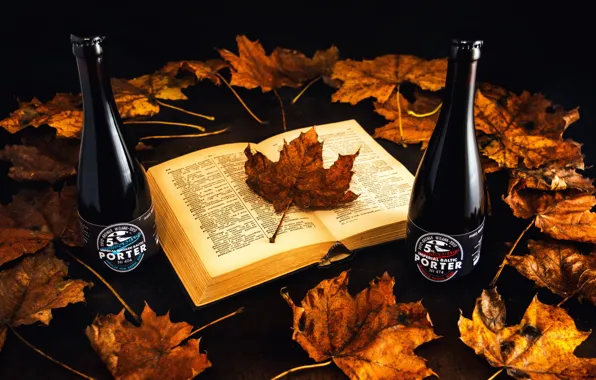 Picture autumn, leaves, book, bottle, brand