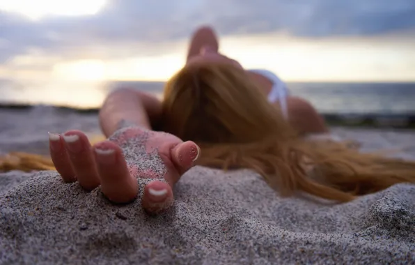 Sand, girl, macro, hair, fingers, manicure