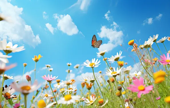 Picture field, flowers, chamomile, spring, sunshine, flowering, blossom, flowers