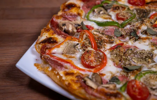 Table, cheese, plate, pepper, vegetables, pizza, tomatoes, sesame