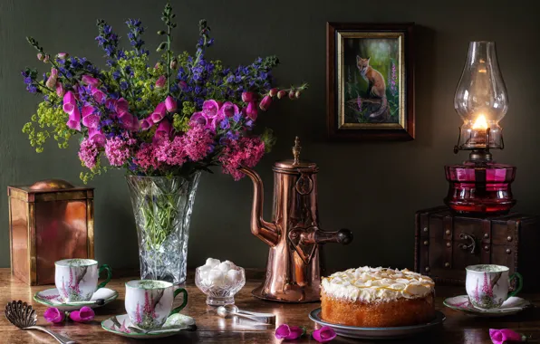 Flowers, style, lamp, bouquet, picture, Fox, Cup, cake