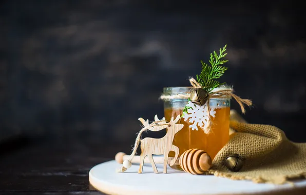 Glass, the dark background, sprig, Board, deer, honey, Christmas, New year