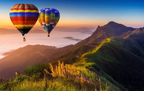 Clouds, sunset, mountains, nature, balloons, vegetation