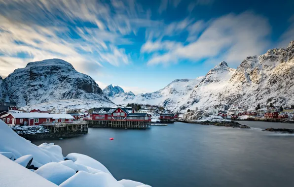 Picture winter, clouds, snow, mountains, rocks, shore, Norway, house