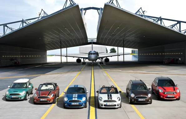 Picture The plane, Hangar, Mini Cooper, A lot, MINI, Mini Cooper