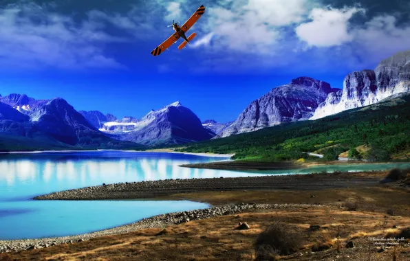 Landscape, lake mountain, and blue sky and flying plane