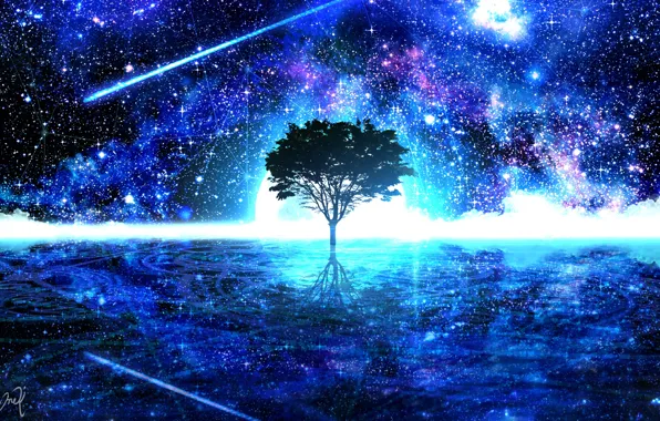 Picture water, space, trees, night, nature, fiction