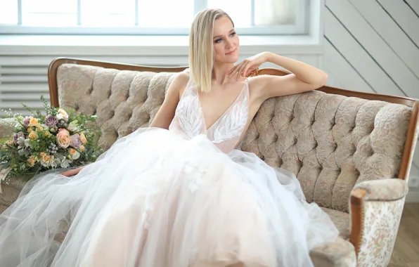Look, girl, light, joy, flowers, pose, smile, room